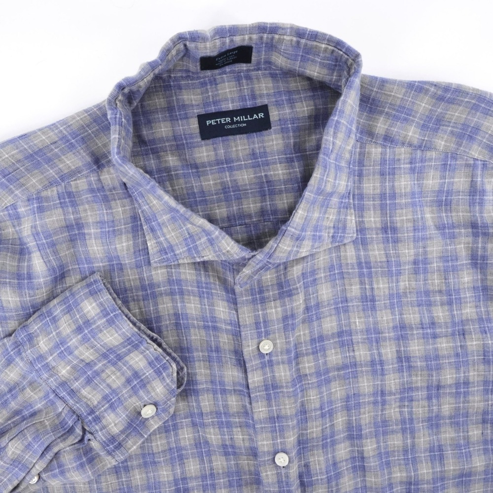 Peter Millar Collection Linen Plaid Shirt Button Down Blue Long Sleeve Mens XL